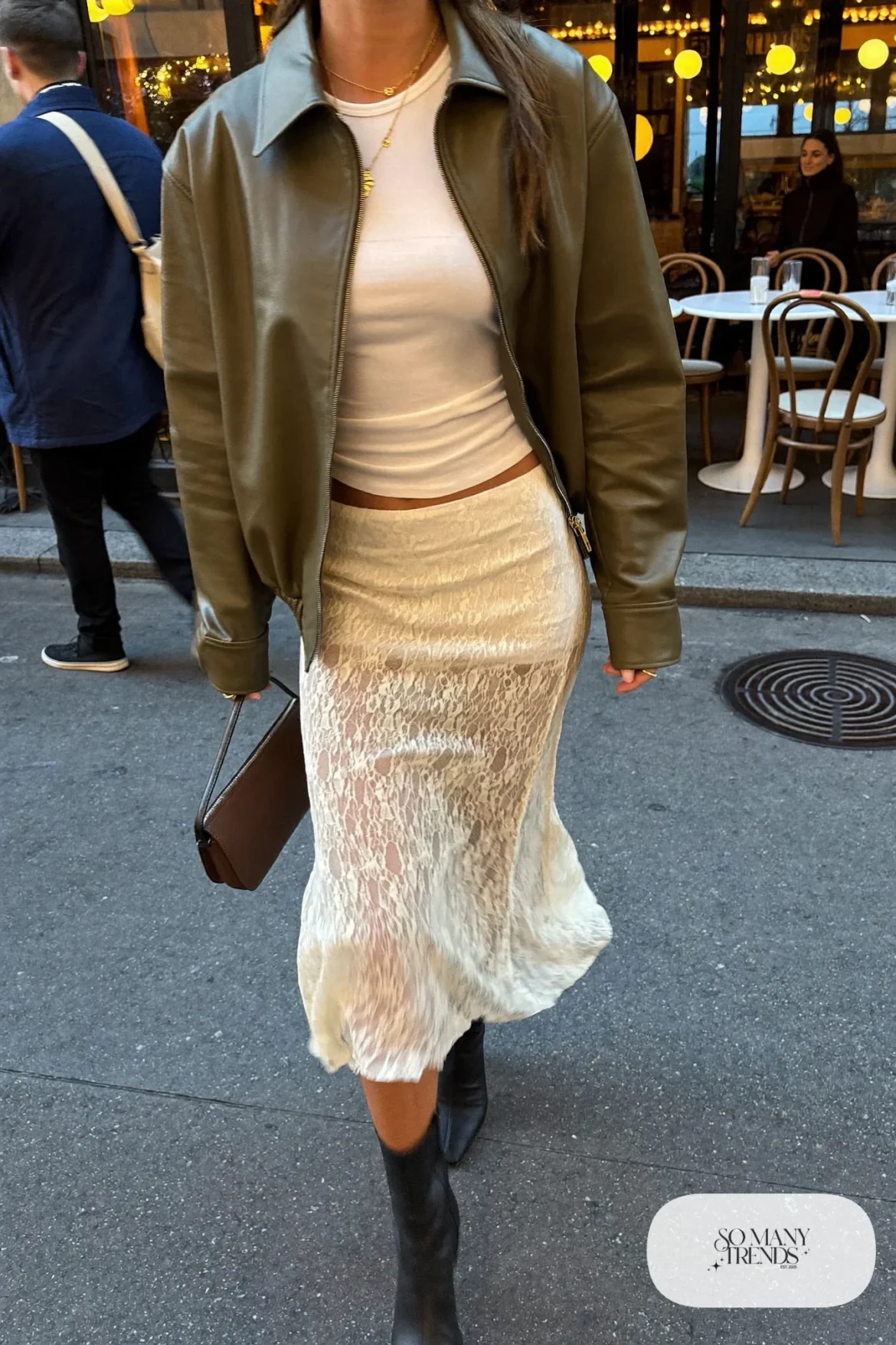 cream lace midi skirt olive faux leather jacket white tee black ankle boots outfit 16
