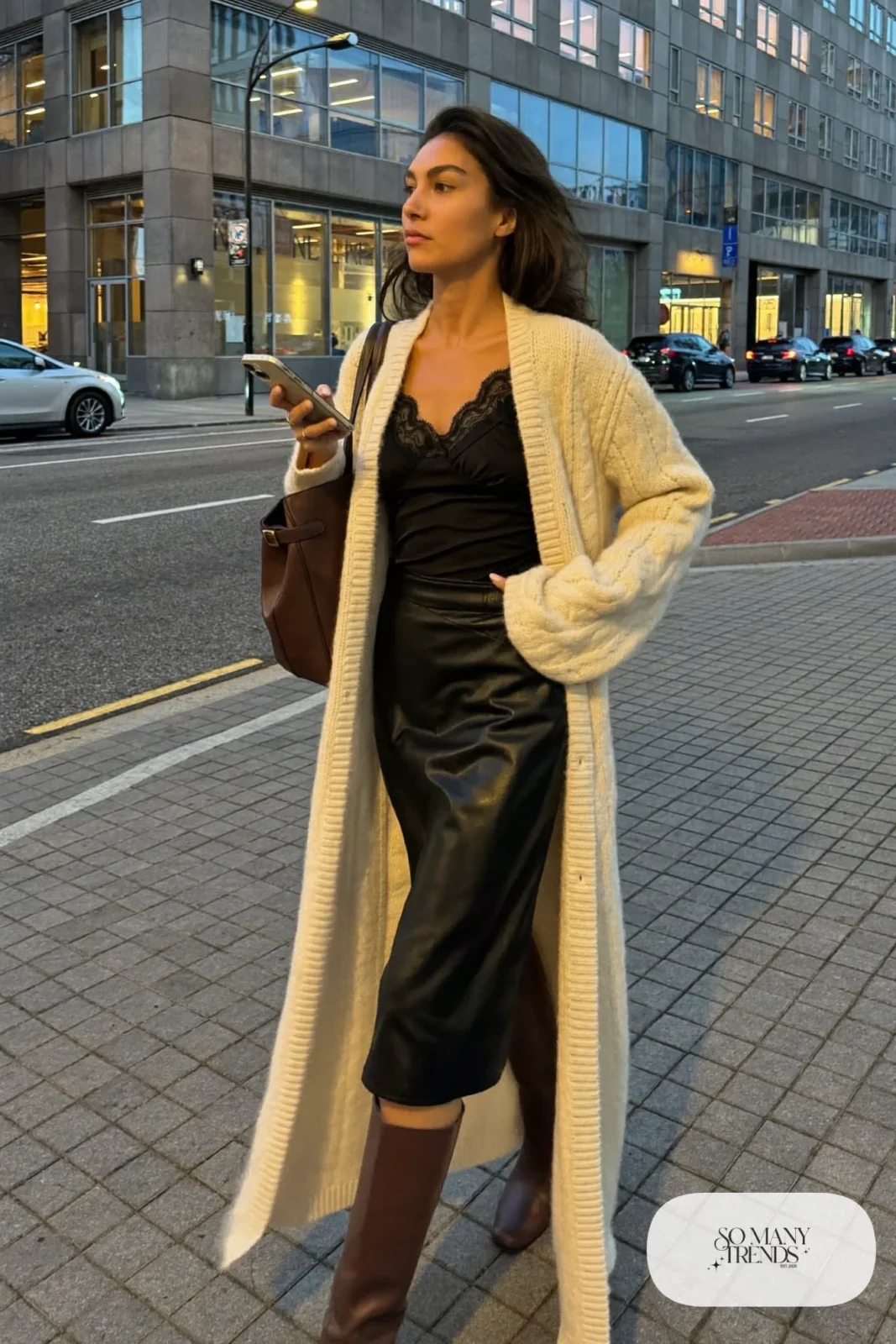 faux leather midi skirt lace camisole chunky cardigan brown knee high boots outfit 18