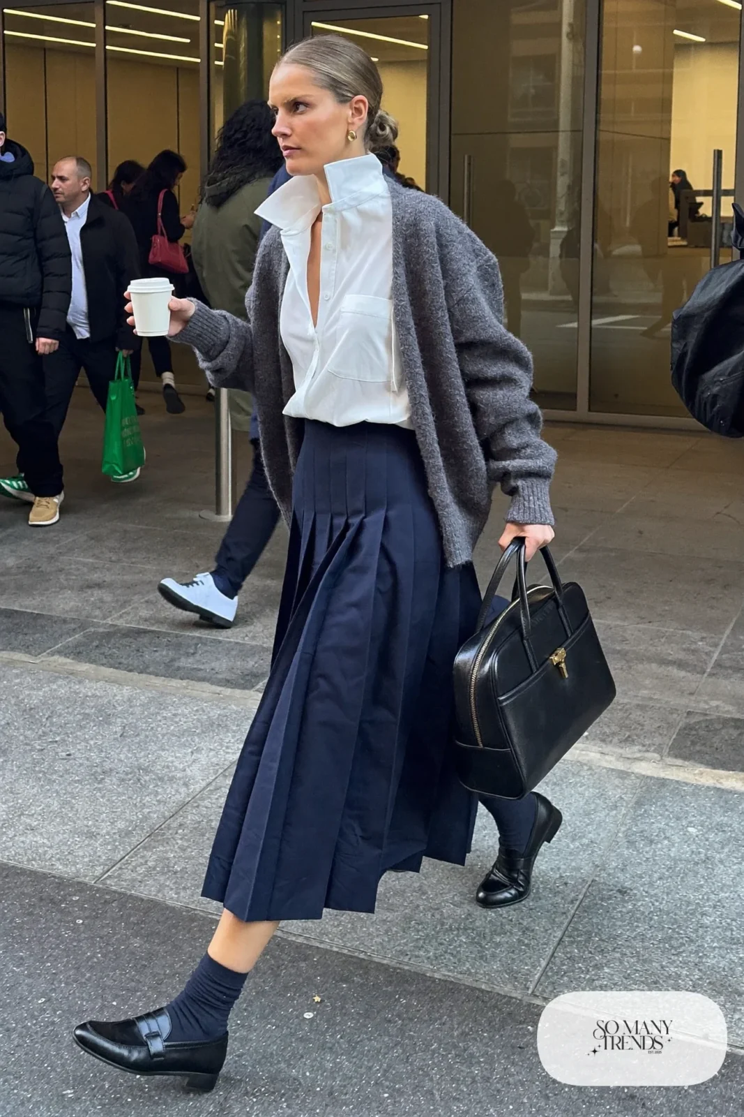 white shirt collar out gray cardigan pleated midi skirt loafers socks outfit 21