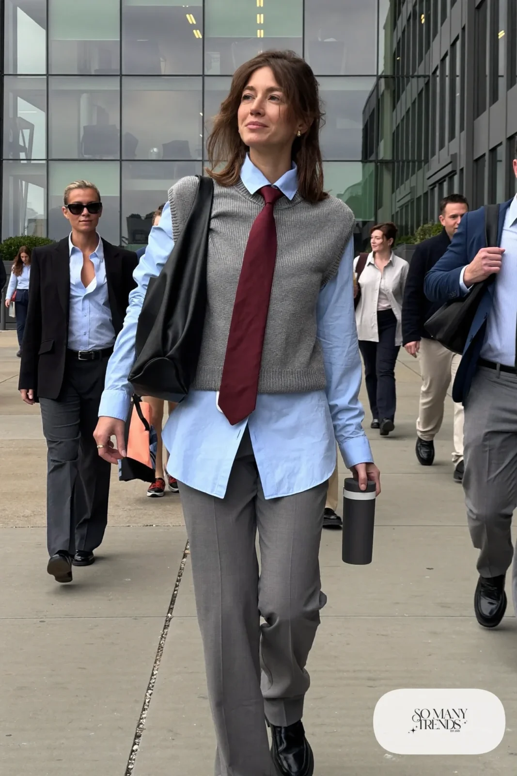 blue oxford shirt burgundy tie knit vest straight gray pants loafers outfit 22