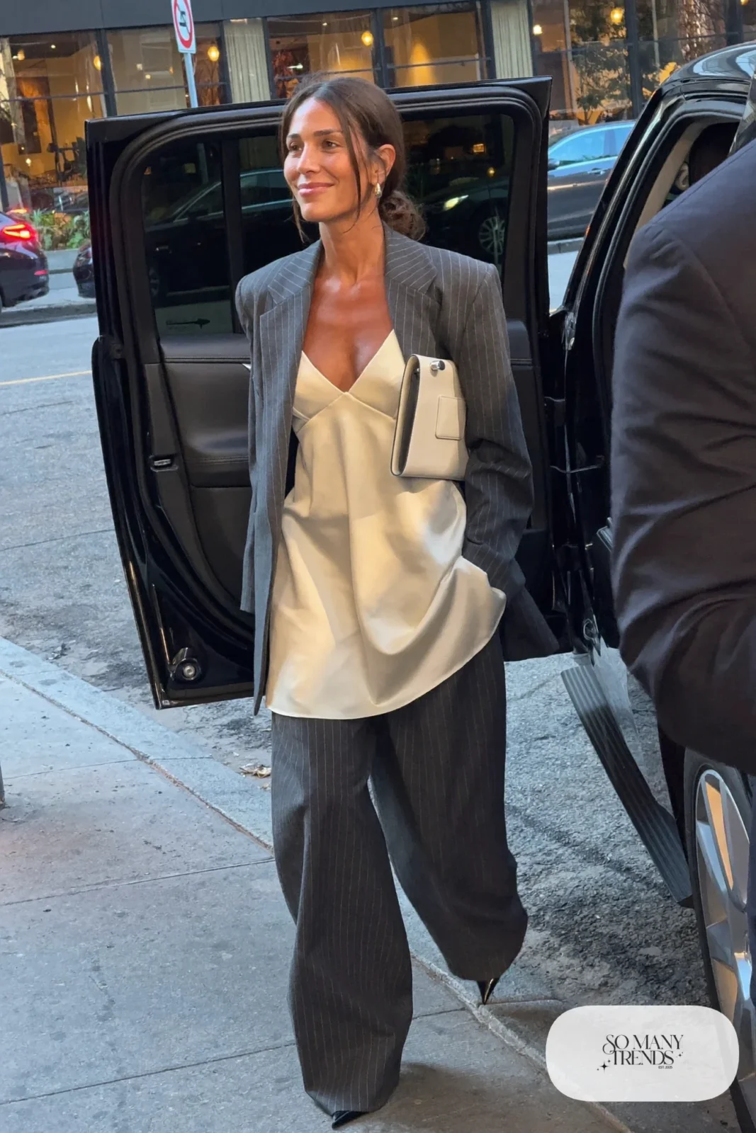 pinstripe blazer pinstripe pants ivory silk cami black heels outfit 23