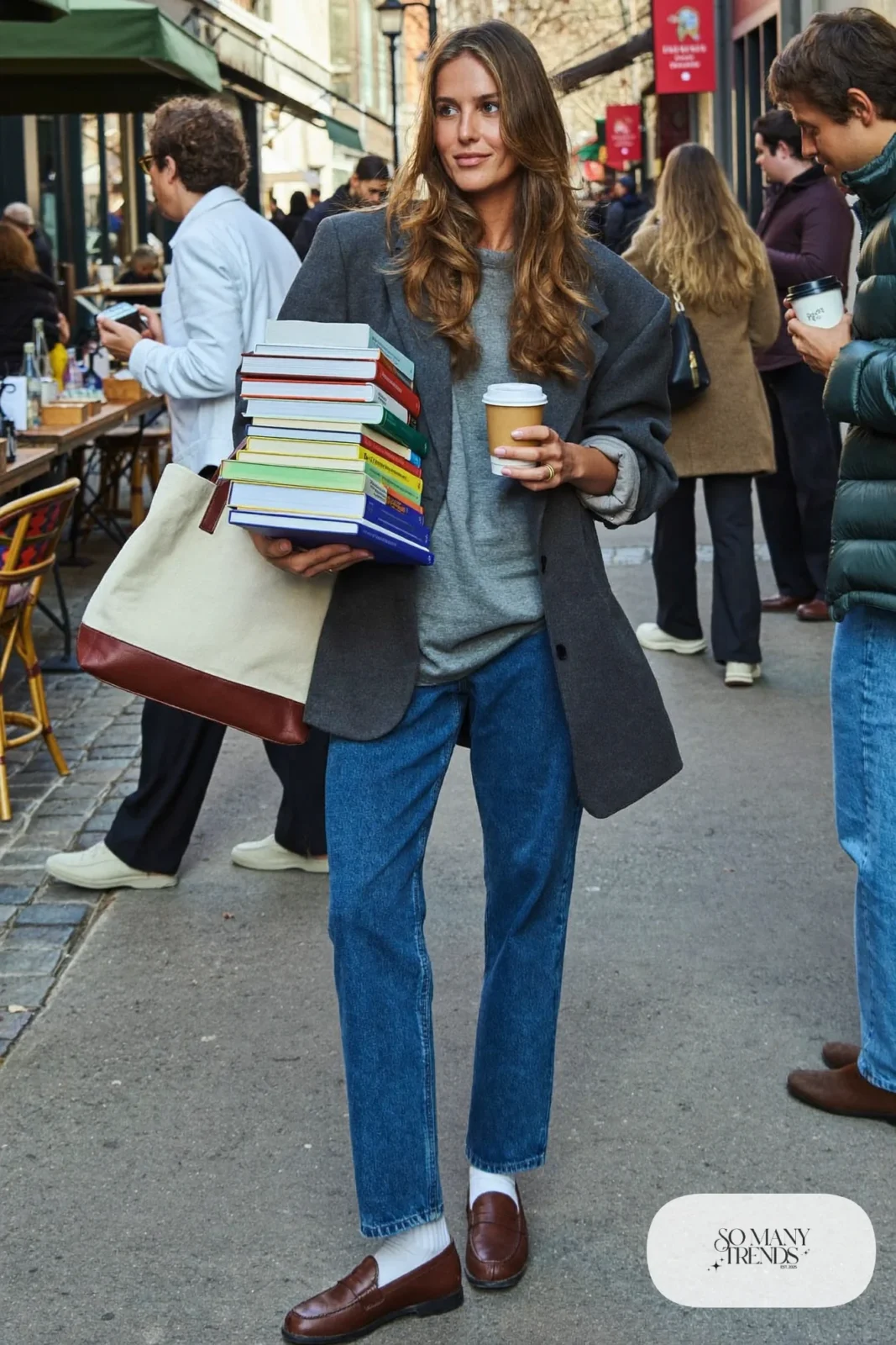 oversized charcoal blazer gray tee straight jeans cognac loafers rolled sleeves outfit 24