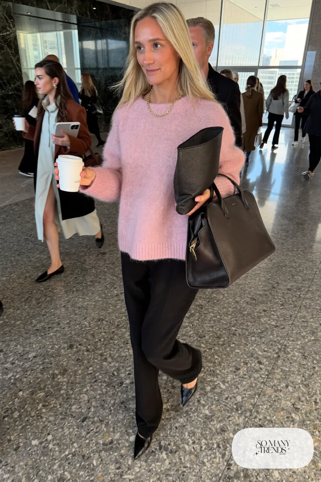 powder pink mohair sweater straight black pants black pointed flats gold chain outfit 25