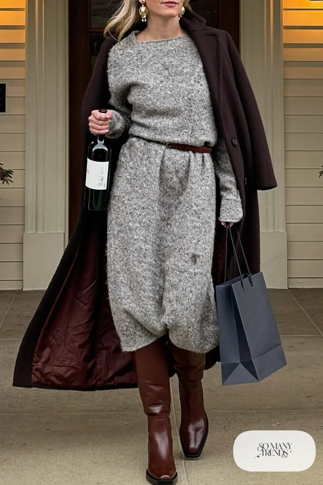 gray knit maxi dress thin belt tall brown boots long black coat statement earrings outfit 26