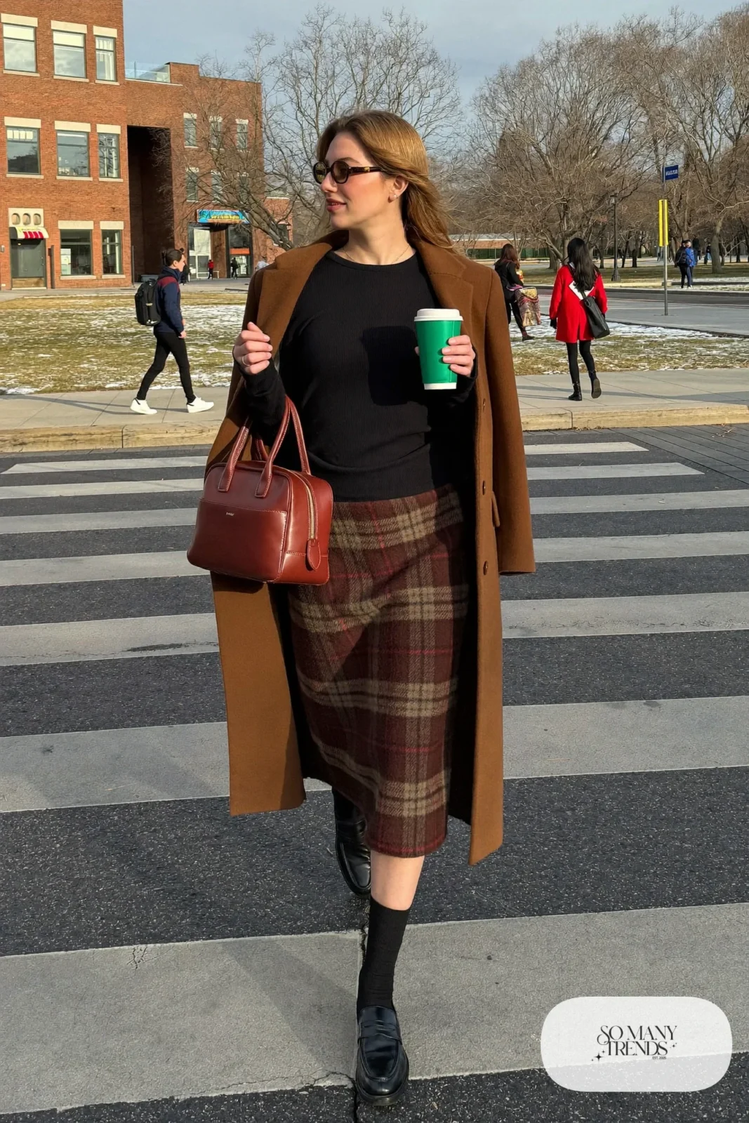 plaid midi skirt black sweater black loafers black socks leather bag outfit 28