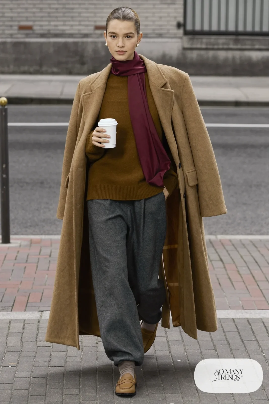 oversized camel wool coat, chocolate cashmere turtleneck, charcoal wide-leg pants, burgundy silk scarf, tan loafers, outfit 1