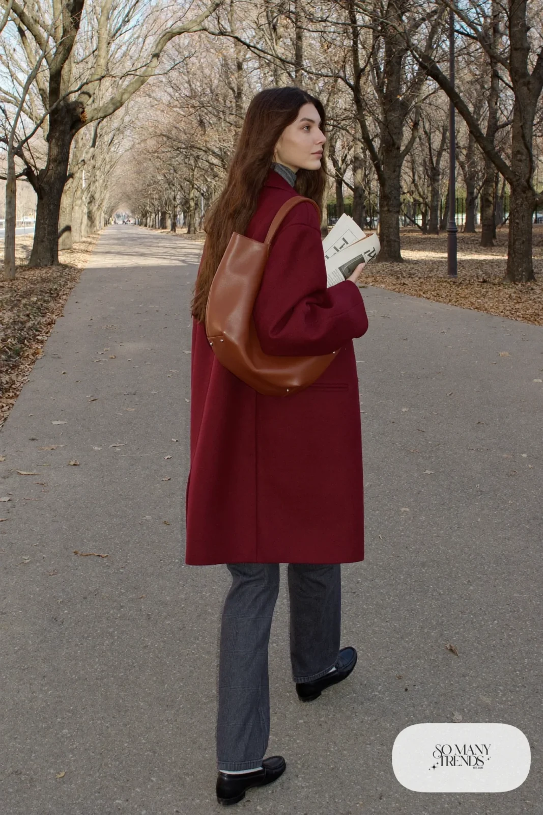 burgundy long wool coat, charcoal turtleneck, gray flannel pants, black loafers, pearl studs, outfit 4
