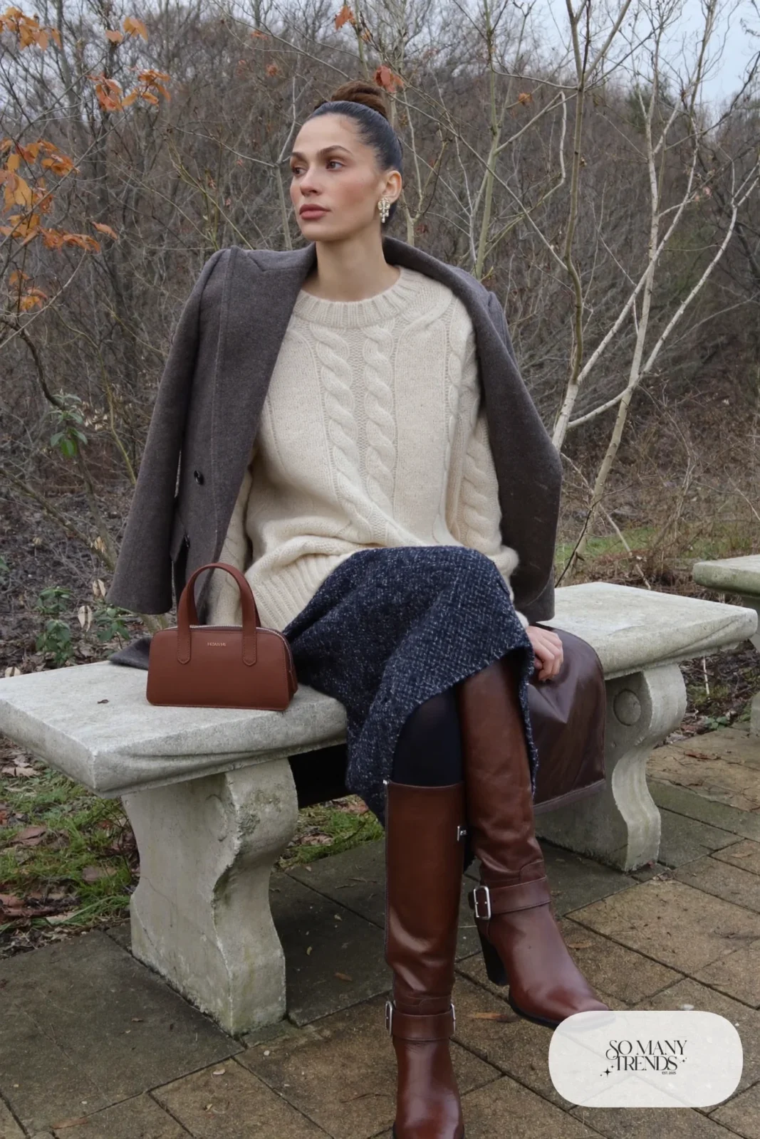 ivory cable knit sweater, navy tweed midi skirt, dark tights, knee-high brown boots, gray wool coat, outfit 5