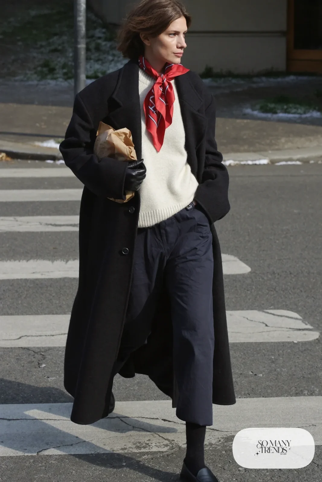 black long wool coat, cherry red silk scarf, cream sweater, navy pants, black leather gloves, outfit 6