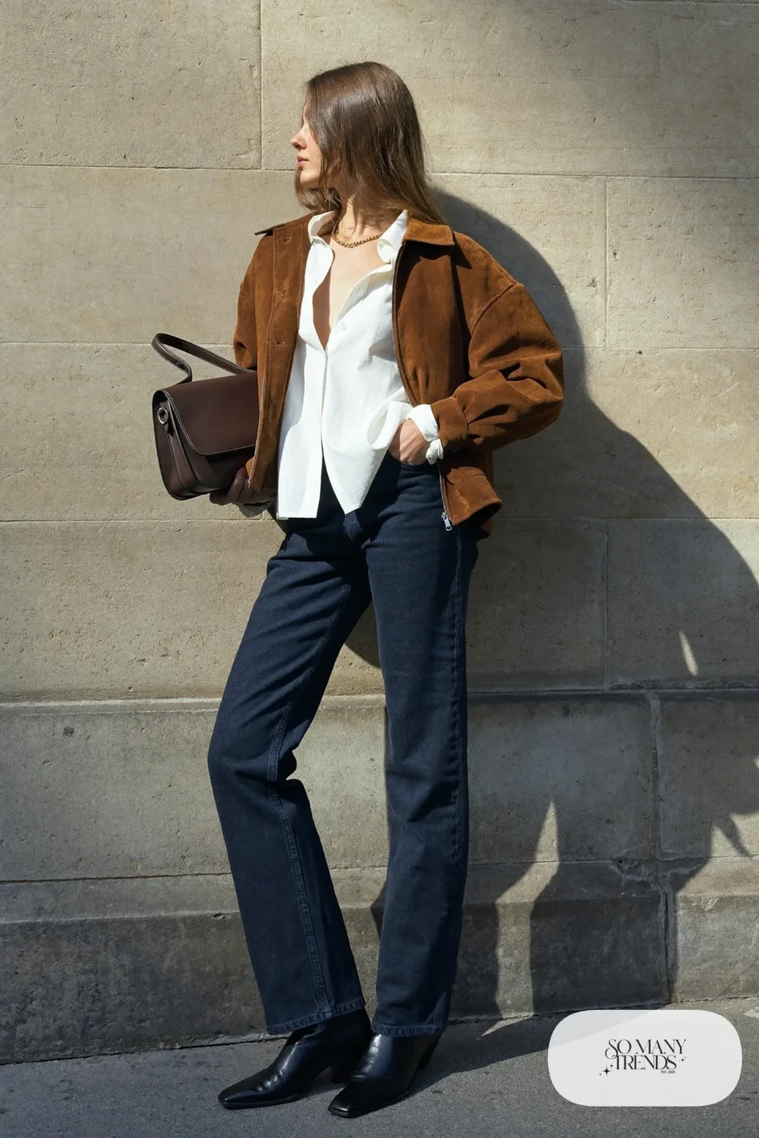 chocolate suede jacket, white poplin shirt, dark straight jeans, black ankle boots, outfit 8
