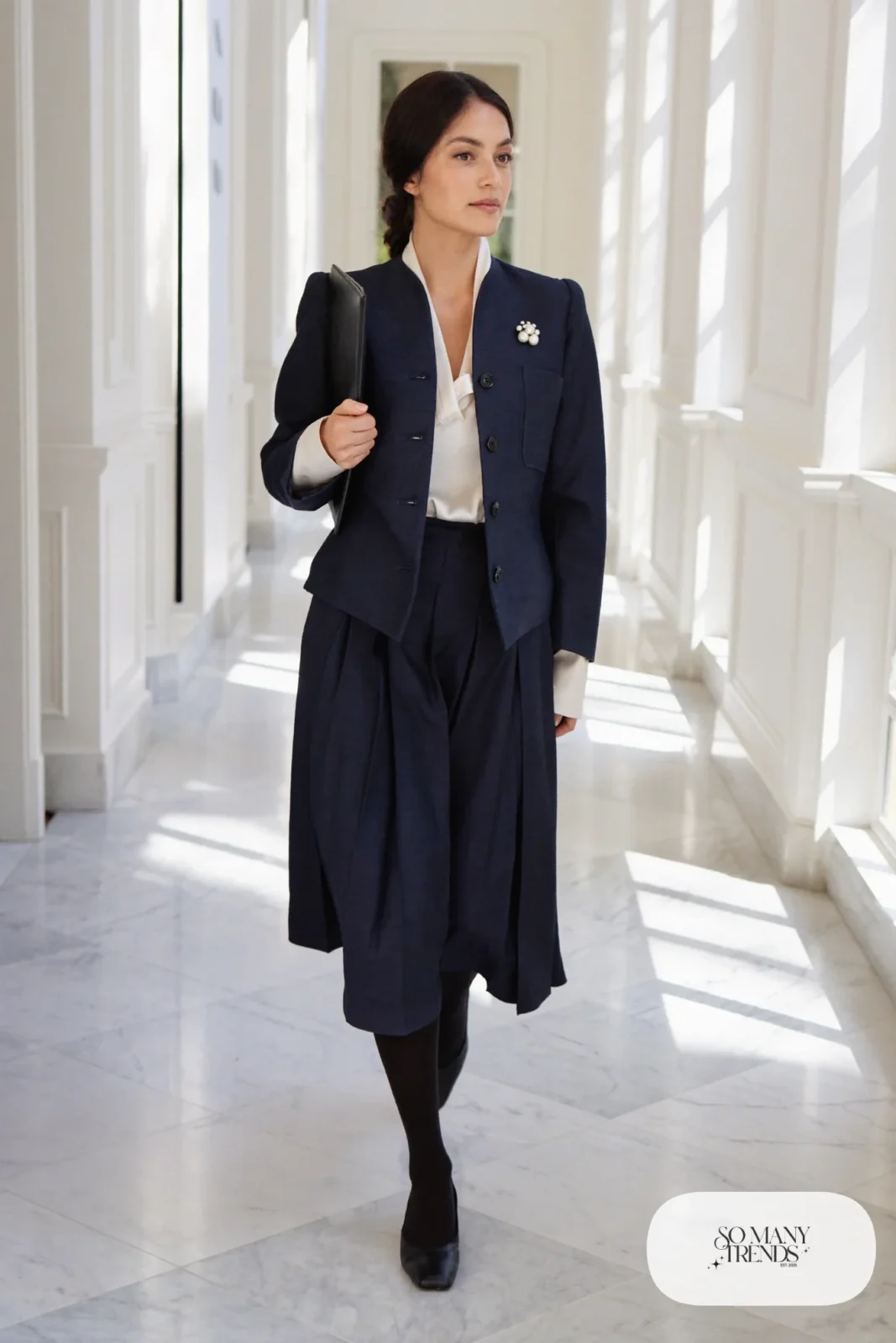 boxy navy wool jacket, navy pleated midi skirt, white silk blouse, black tights, black low pumps, pearl brooch, outfit 12