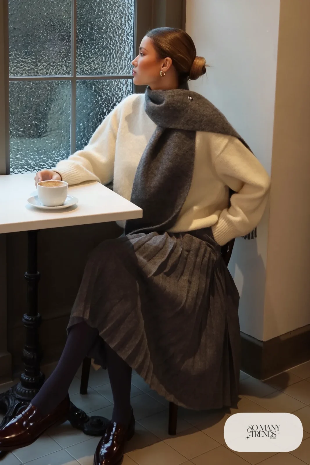 roomy cream cashmere sweater, charcoal gray pleated midi skirt, dark tights, brown loafers, wool scarf, outfit 13