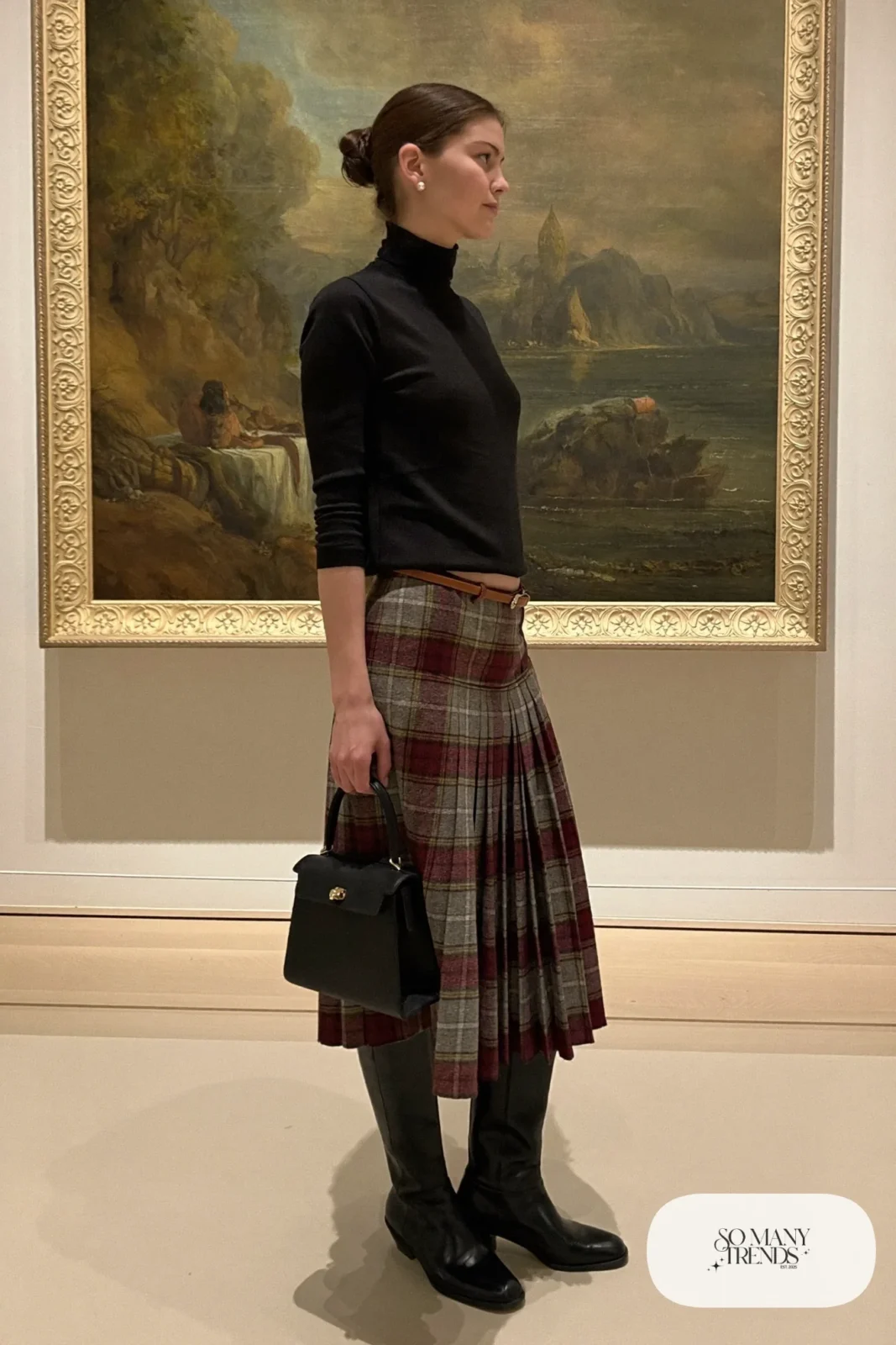 black fine-knit turtleneck, muted gray burgundy plaid midi skirt, black tights, knee-high black boots, leather belt, outfit 15