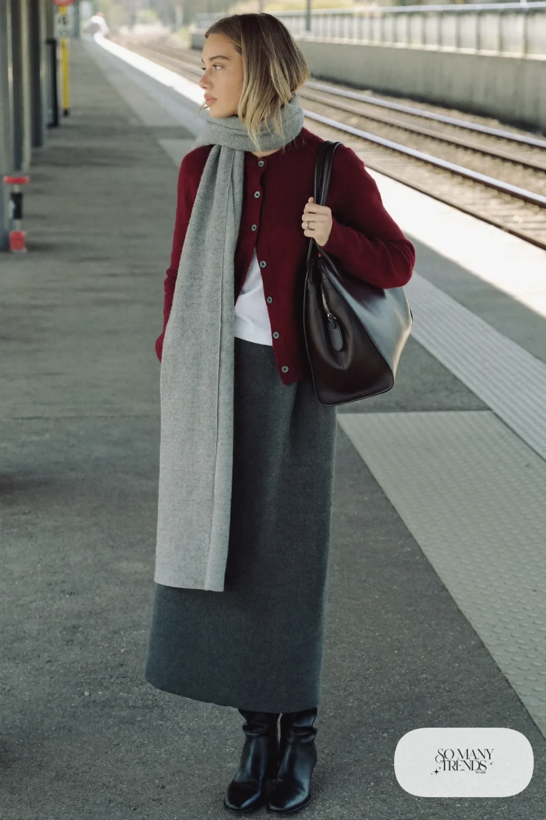 burgundy cardigan, white tee, charcoal wool midi skirt, black boots, long gray scarf, outfit 17