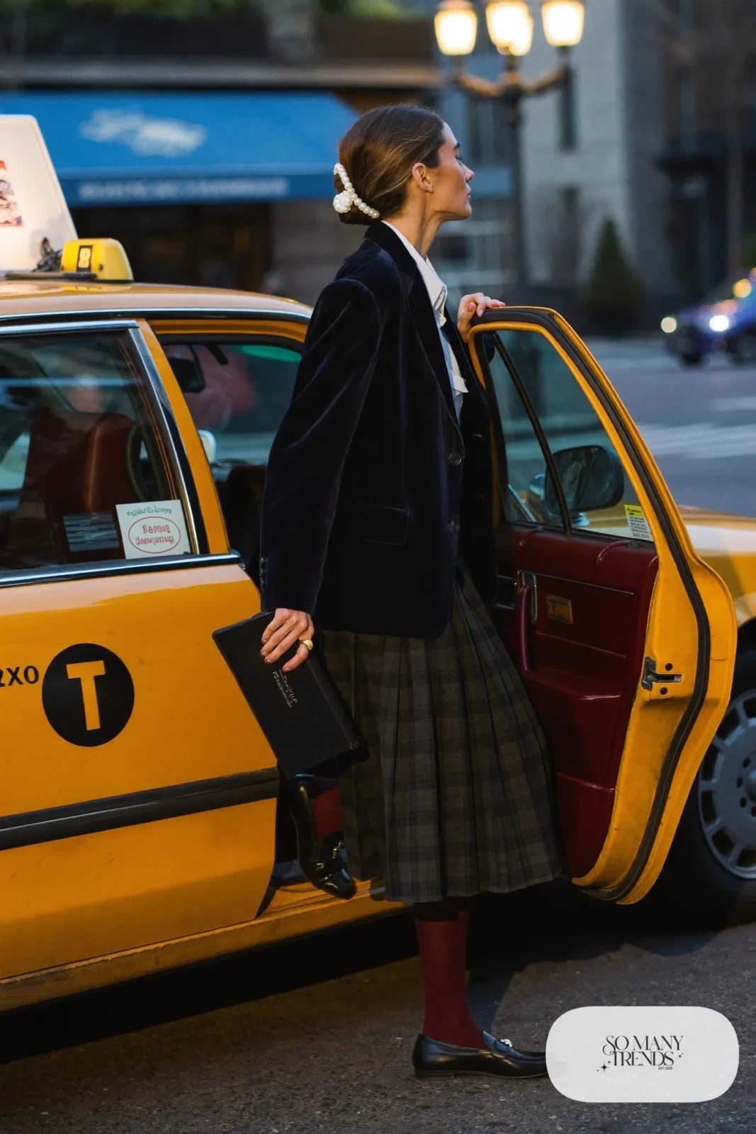 navy velvet blazer, white blouse, muted green plaid midi skirt, dark tights, black loafers, pearl hair clip, outfit 19
