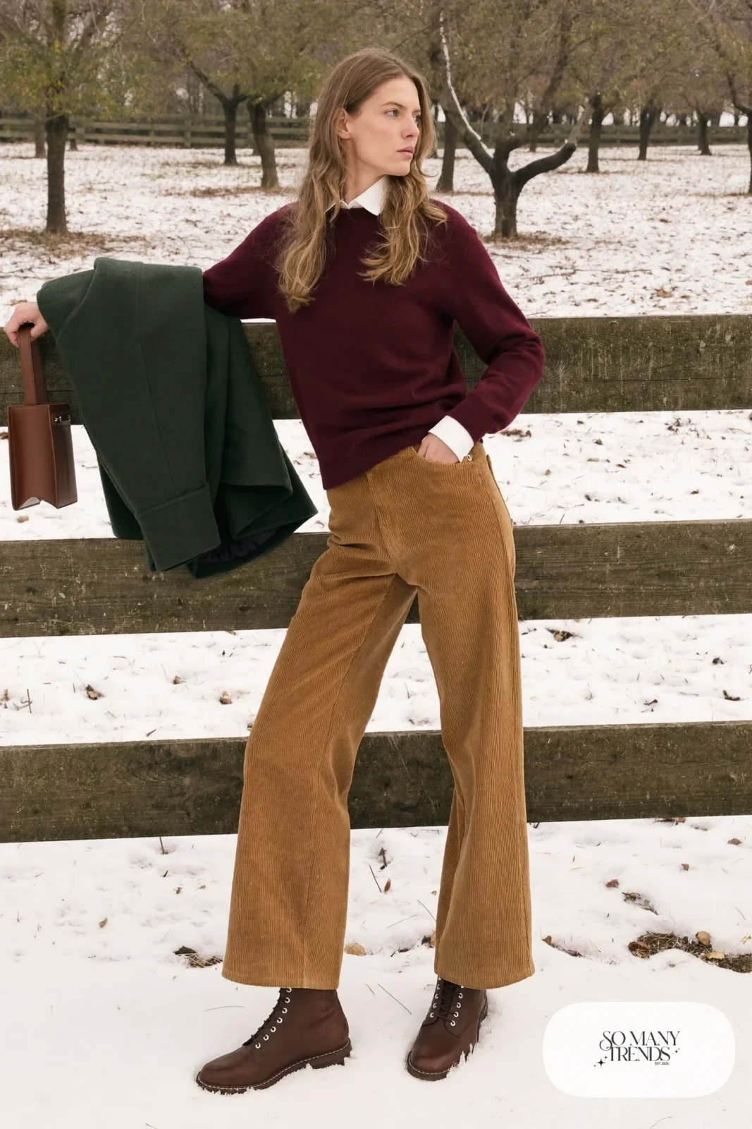 burgundy crewneck sweater, white collared shirt, wide-leg camel corduroy pants, brown leather boots, outfit 24