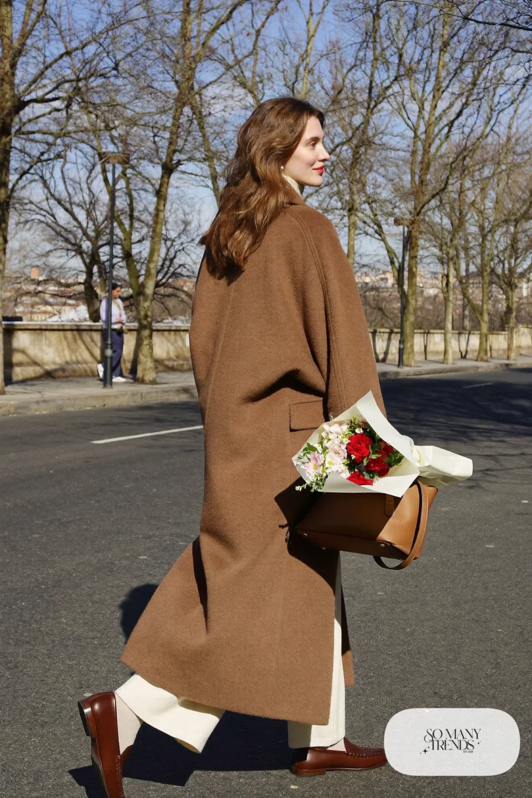 long chocolate wool coat, cream sweater, ivory wide-leg pants, brown loafers, outfit 26