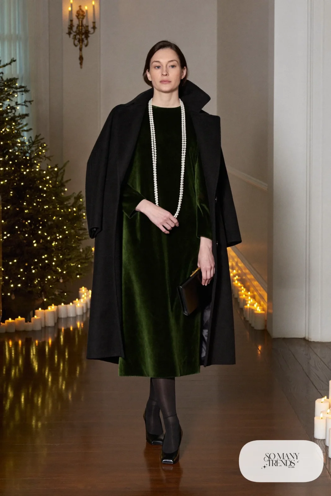 deep green velvet midi dress, black opaque tights, black closed-toe pumps, long pearl strand, black wool coat, outfit 27