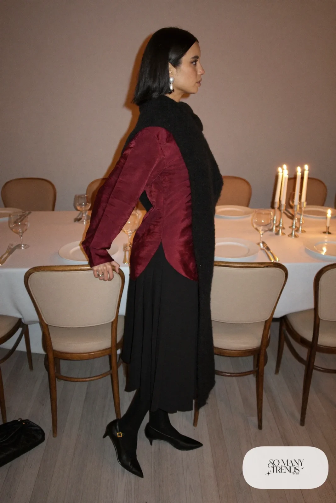 burgundy silk blouse, black wool pleated midi skirt, sheer black tights, black slingback pumps, pearl drop earrings, outfit 28