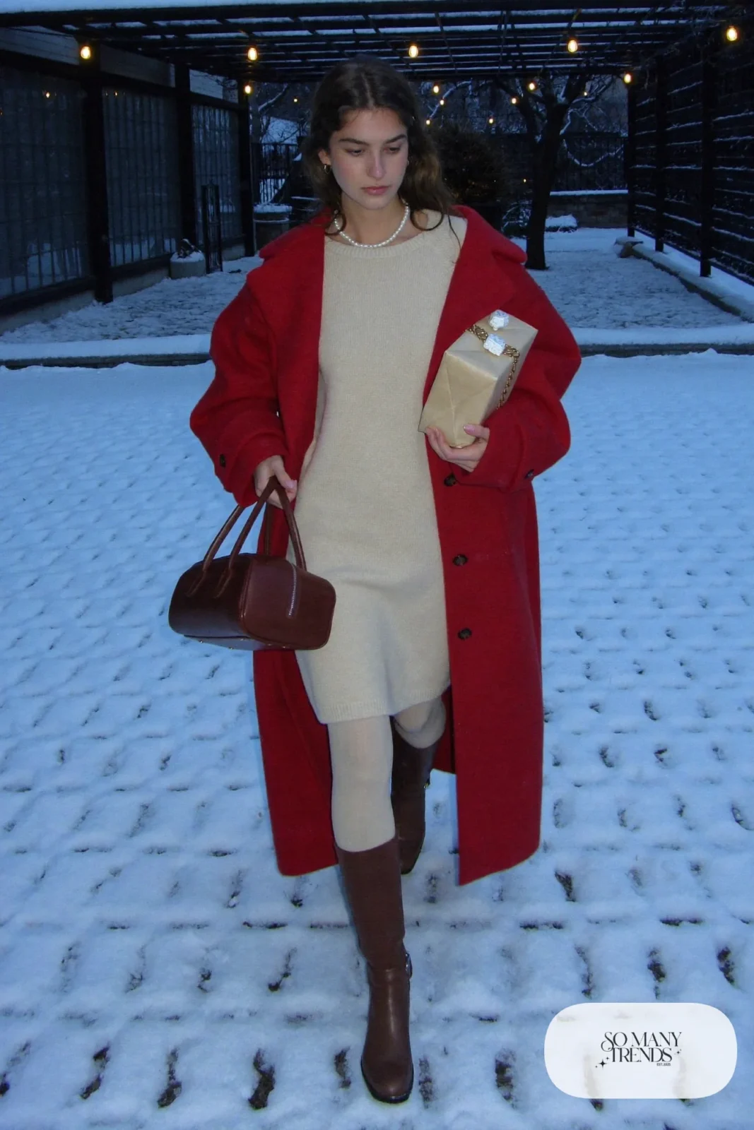 cream loose knit sweater dress, cherry red wool coat, cream tights, brown knee-high boots, pearl necklace, outfit 30
