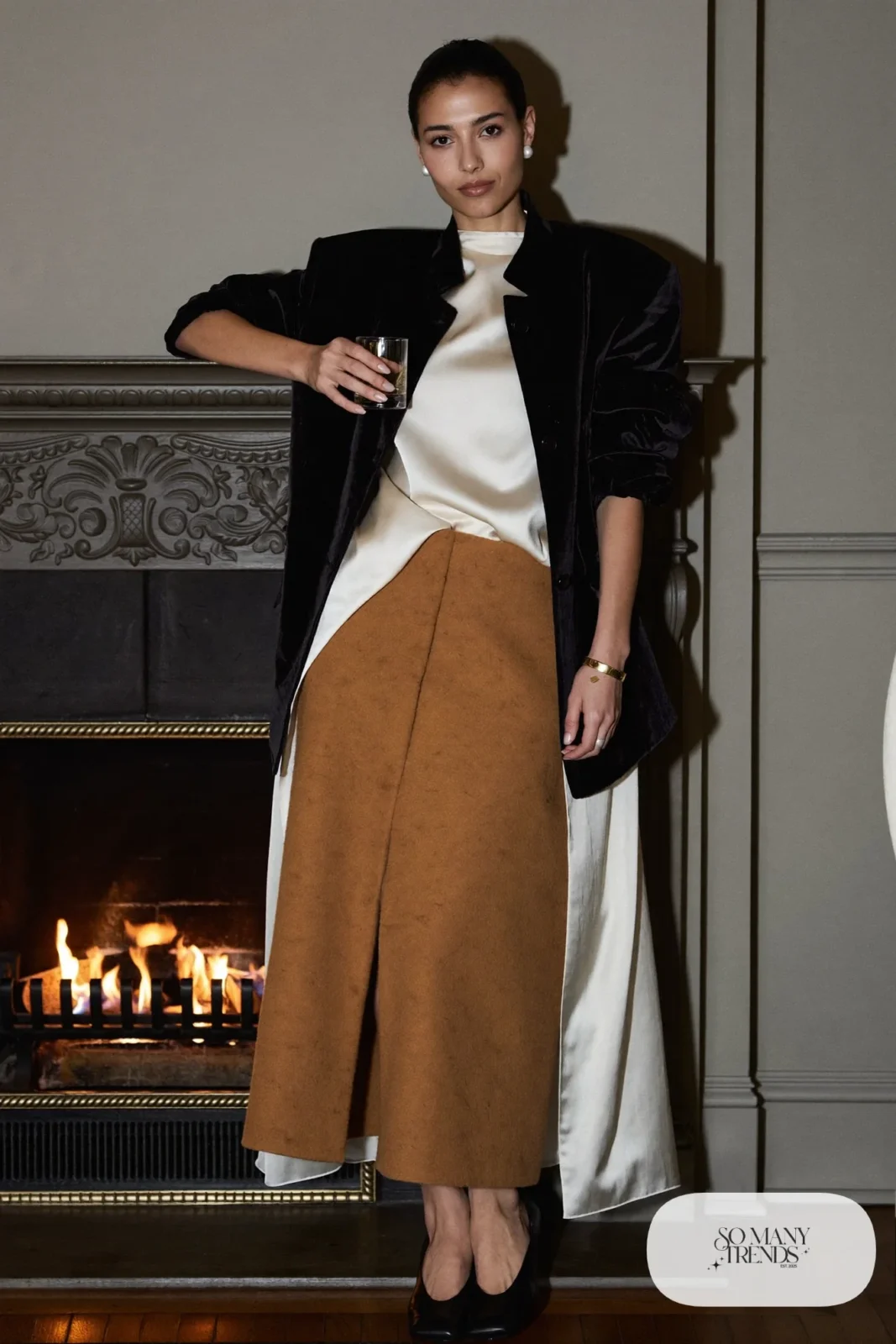 black velvet blazer, cream silk shell, long camel wool skirt, black closed-toe pumps, pearl studs, outfit 31