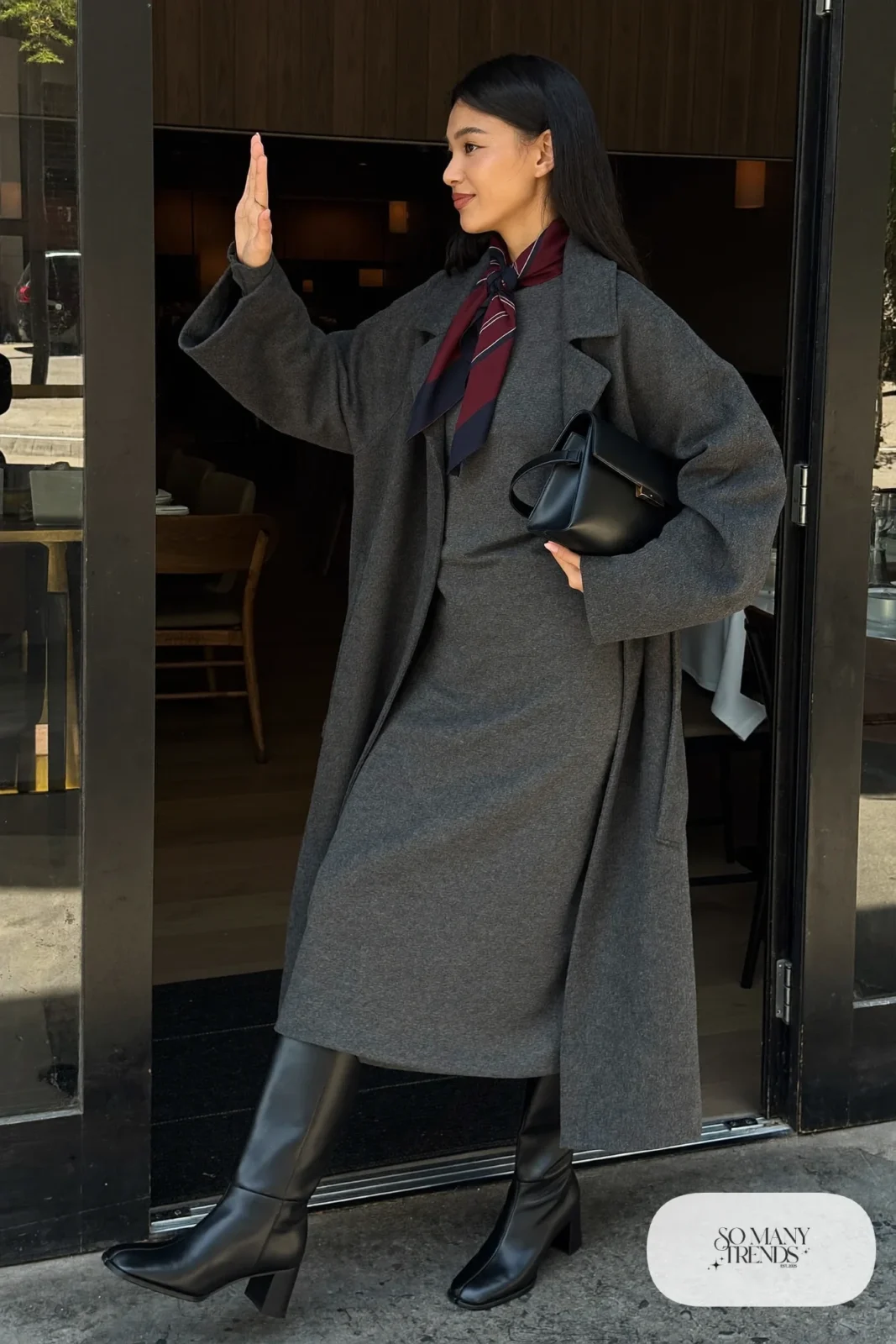 charcoal knit midi dress, burgundy navy silk scarf, black knee-high boots, long gray wool coat, outfit 32