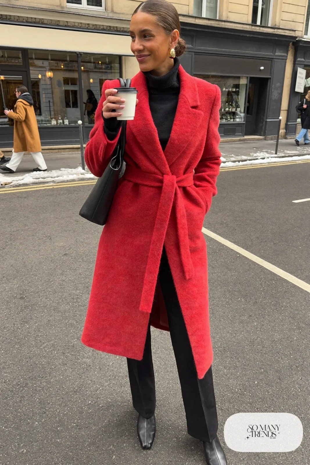 cherry red wool coat black turtleneck black pants black ankle boots outfit 1