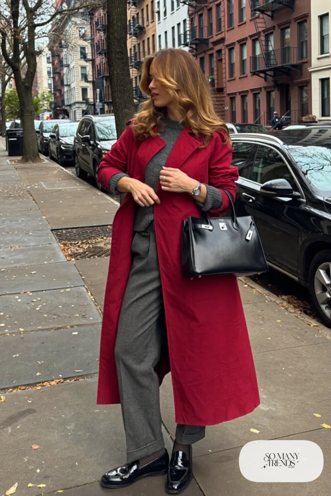 red trench coat charcoal sweater gray wool pants black loafers outfit 2