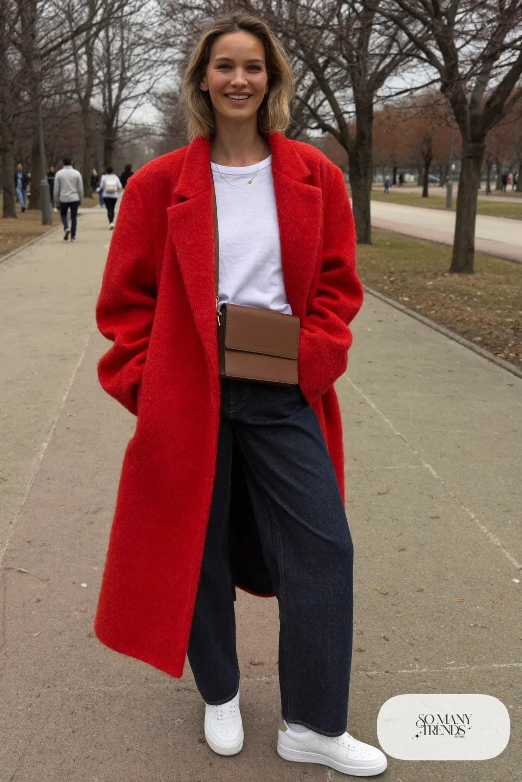 long red wool coat white t-shirt dark straight jeans white sneakers outfit 4