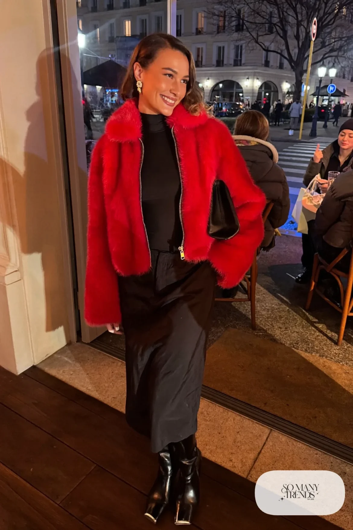 red faux fur jacket black satin midi skirt black bodysuit knee-high black boots outfit 5
