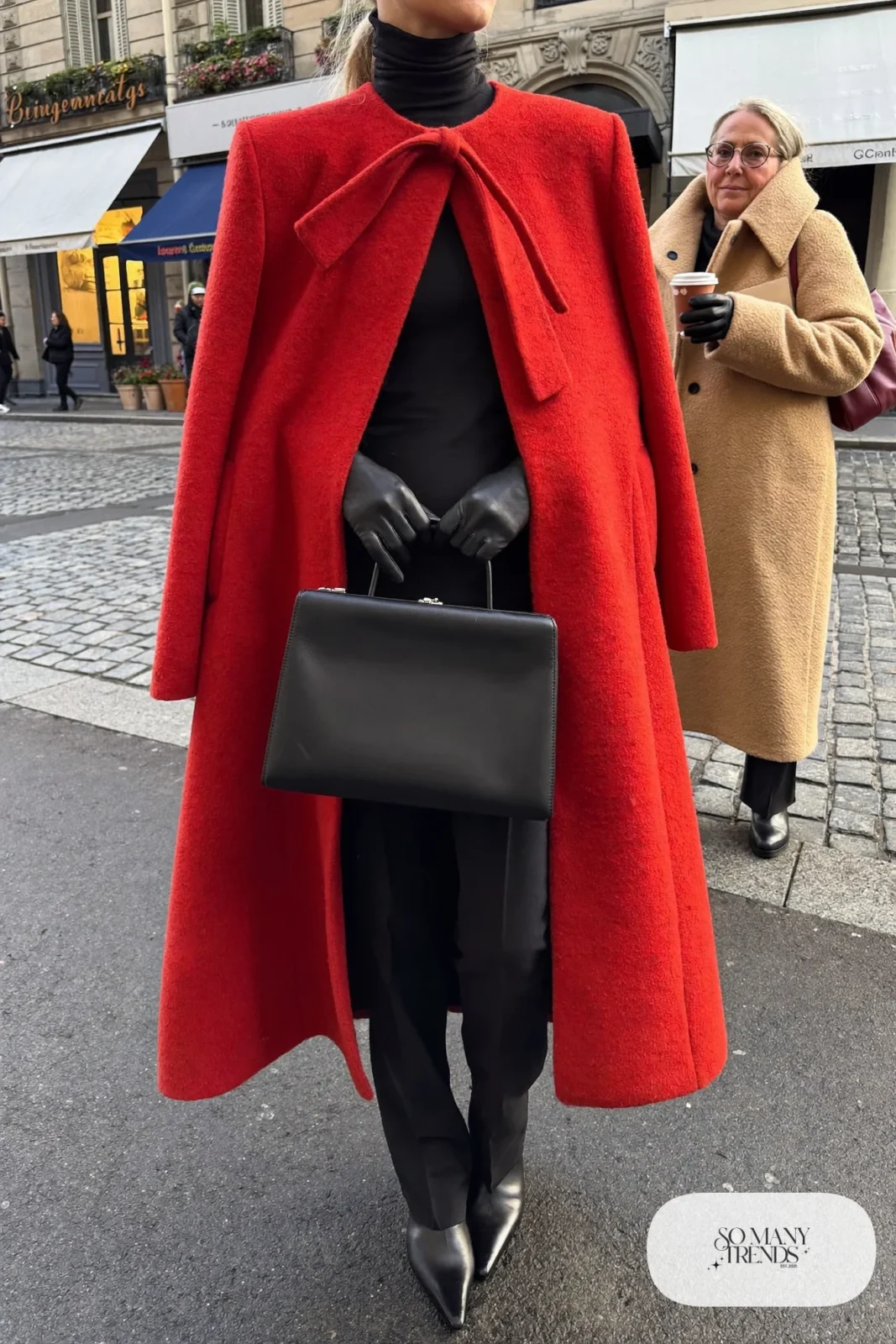 red cape coat black turtleneck black tailored pants pointed boots leather gloves outfit 6