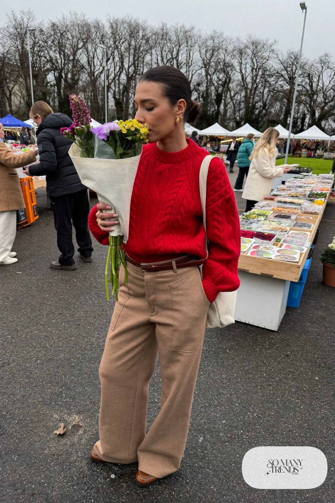 chunky red cable knit sweater camel wide leg pants brown belt brown loafers outfit 7