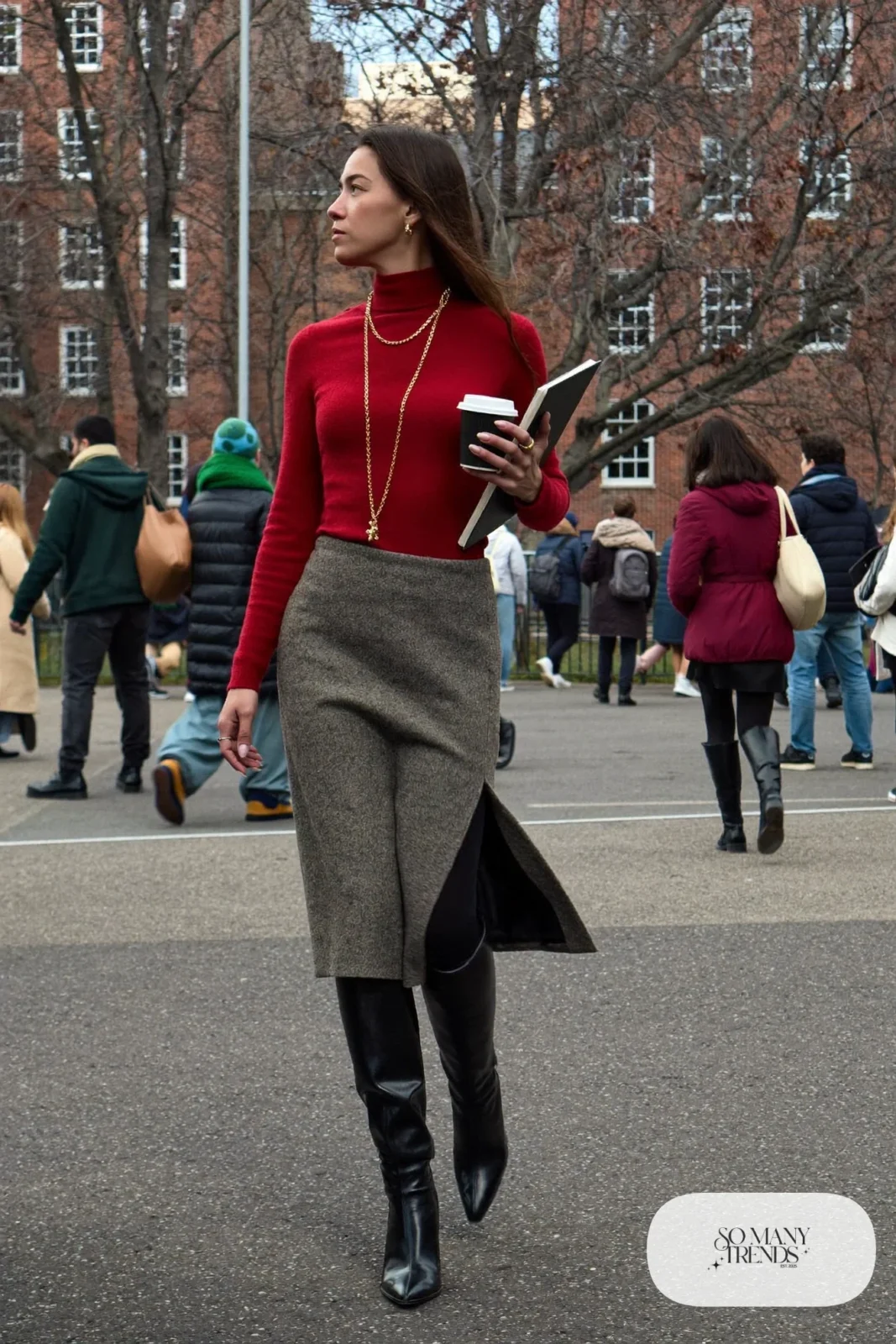 red mock neck sweater gray flannel midi skirt black tights tall black boots outfit 8