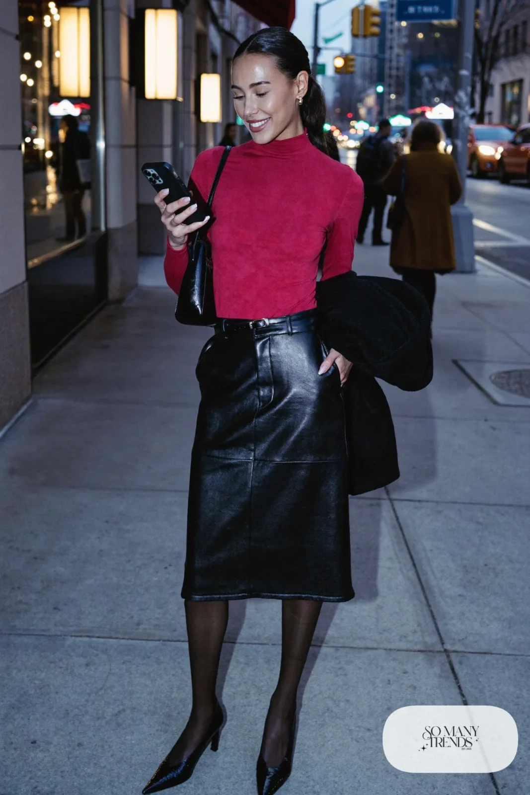 red turtleneck black leather midi skirt sheer black tights black pointed pumps outfit 10