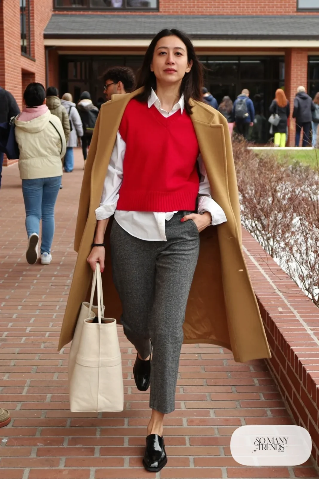 red knit sweater vest white shirt gray wool pants black loafers outfit 11