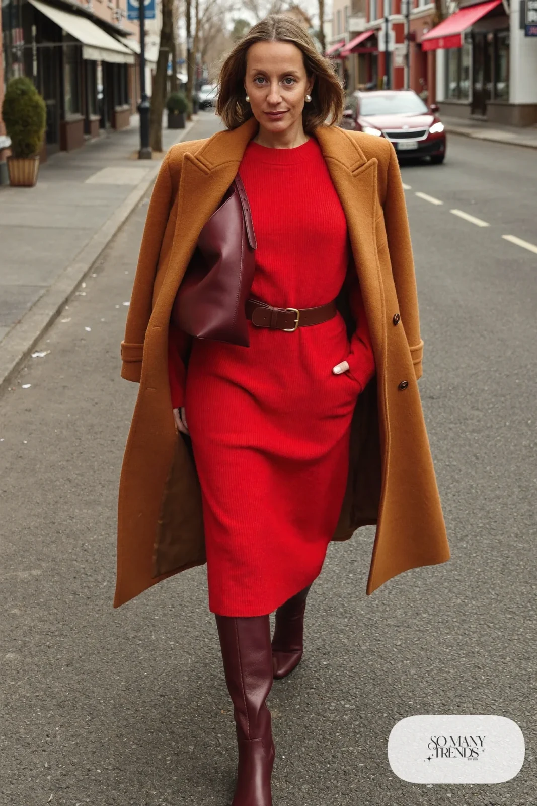 red ribbed sweater dress wide brown belt tall brown boots camel coat outfit 12