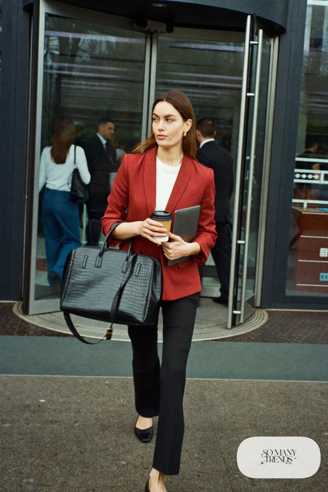 red wool blazer white t-shirt black tailored trousers pointed black flats work outfit 13
