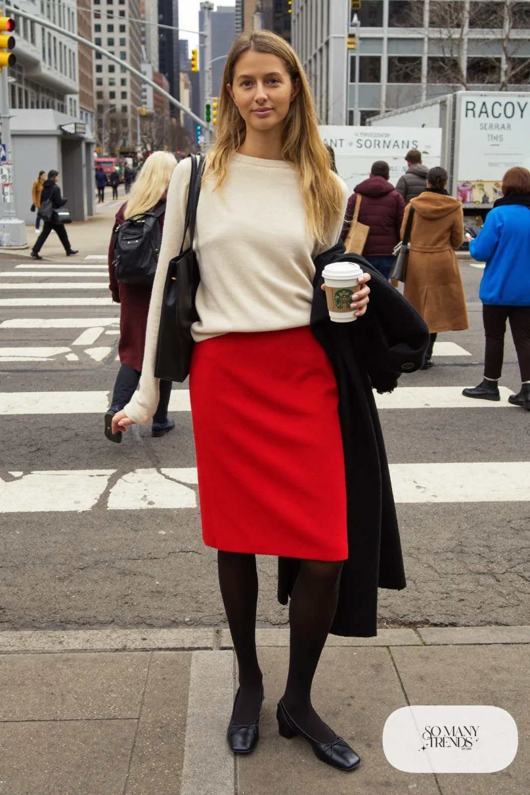 red pencil skirt cream knit sweater black tights low block heel pumps work outfit 15