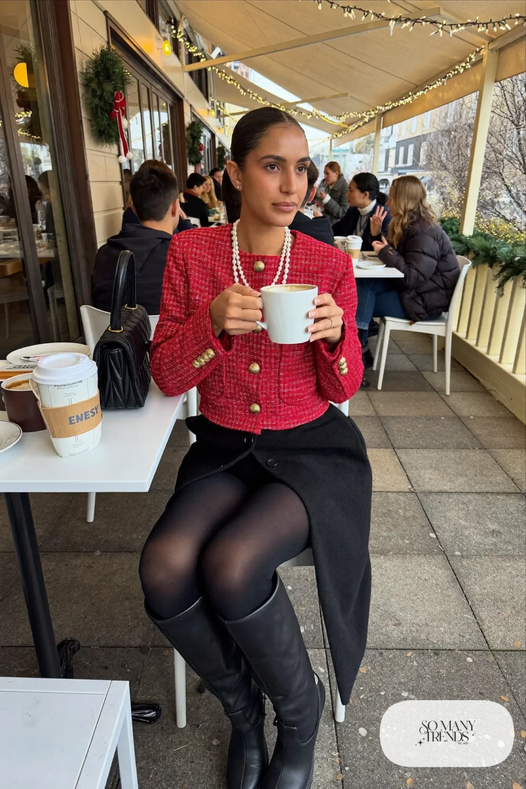 red tweed jacket black mini skirt black tights knee high boots pearl necklace holiday outfit 23