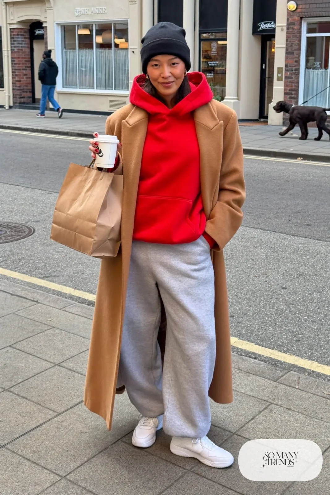 red hoodie gray sweatpants white sneakers black beanie camel long coat weekend outfit 24