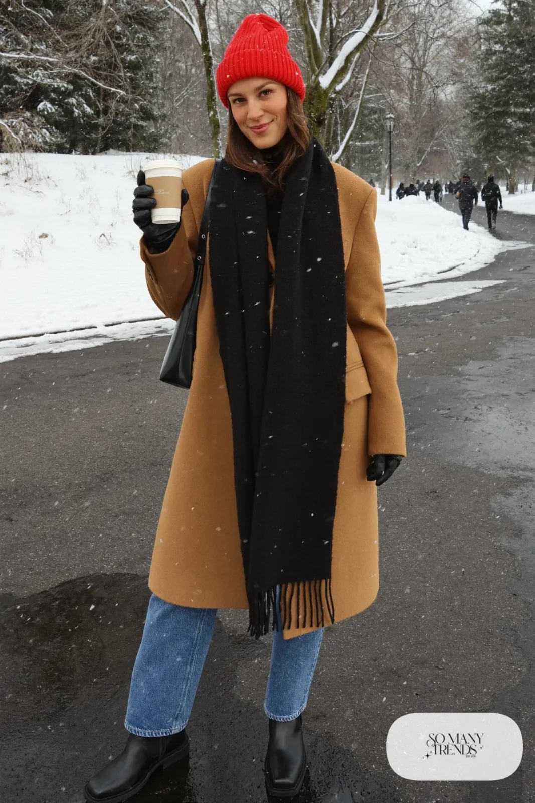 red knit beanie camel wool coat straight jeans black ankle boots black bag weekend outfit 26