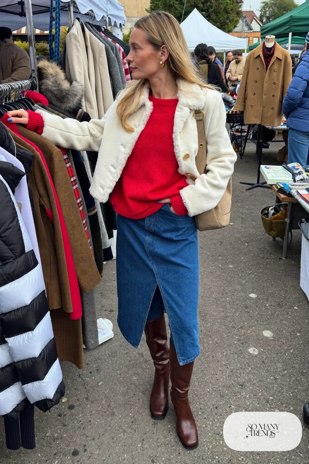red sweater denim midi skirt black tights tall boots shearling jacket weekend outfit 27