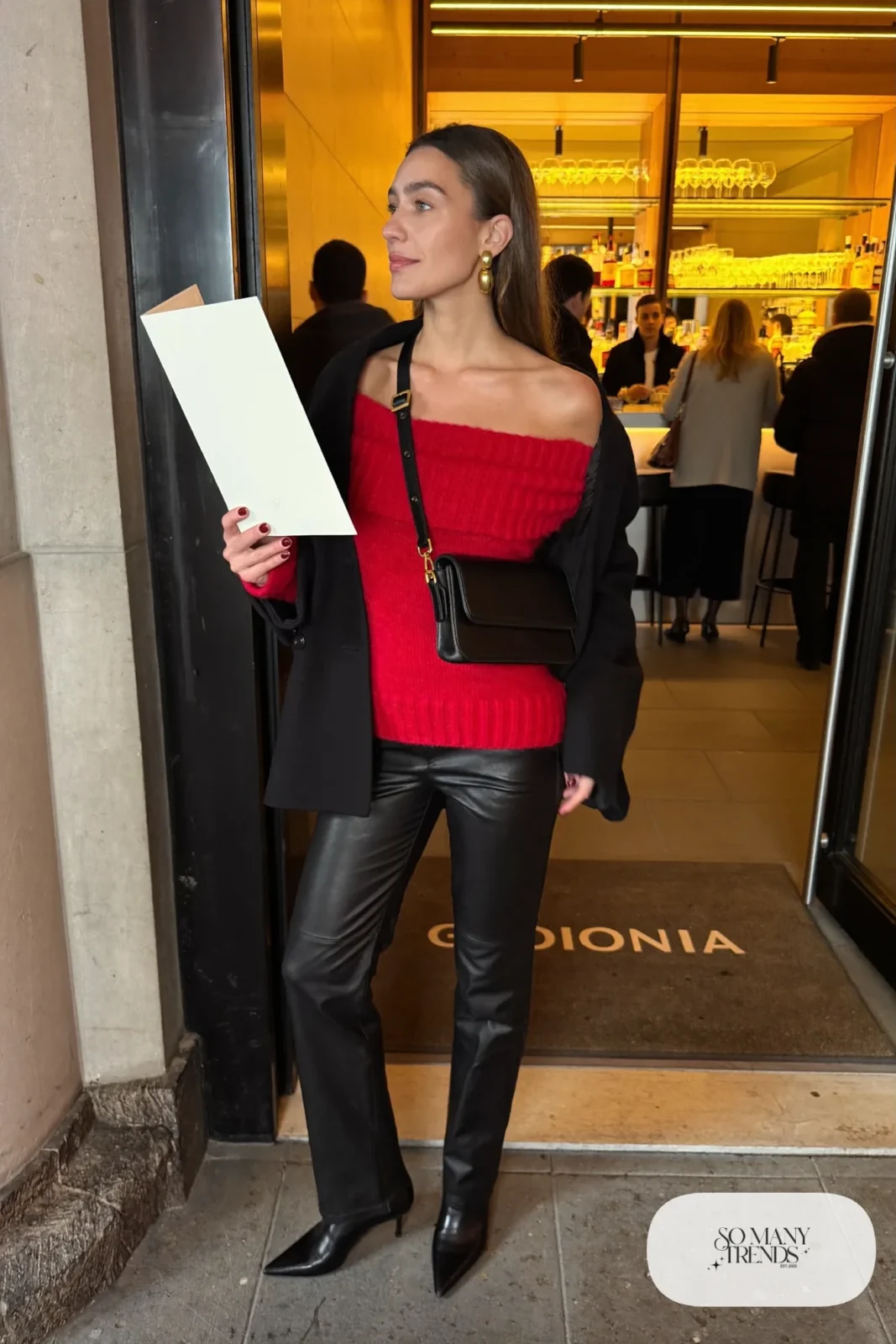 red off shoulder sweater black faux leather pants black heeled ankle boots black coat date night outfit 30