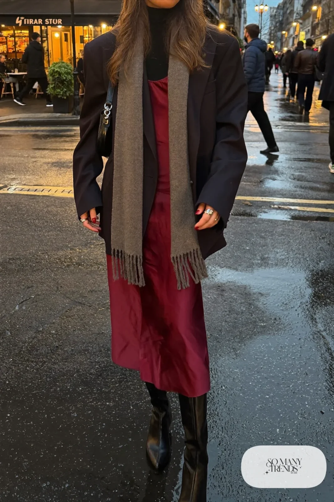 burgundy satin slip dress black blazer black turtleneck knee high boots scarf date night outfit 31