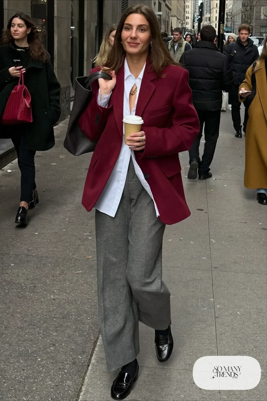 burgundy boxy blazer gray wide-leg pants white poplin shirt black loafers black tote bag outfit 1
