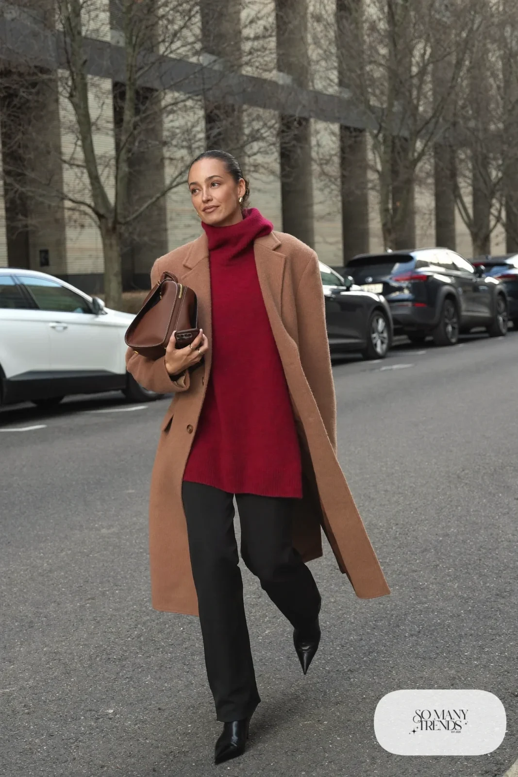 wine merino turtleneck long camel coat black straight pants pointed ankle boots brown leather bag outfit 2