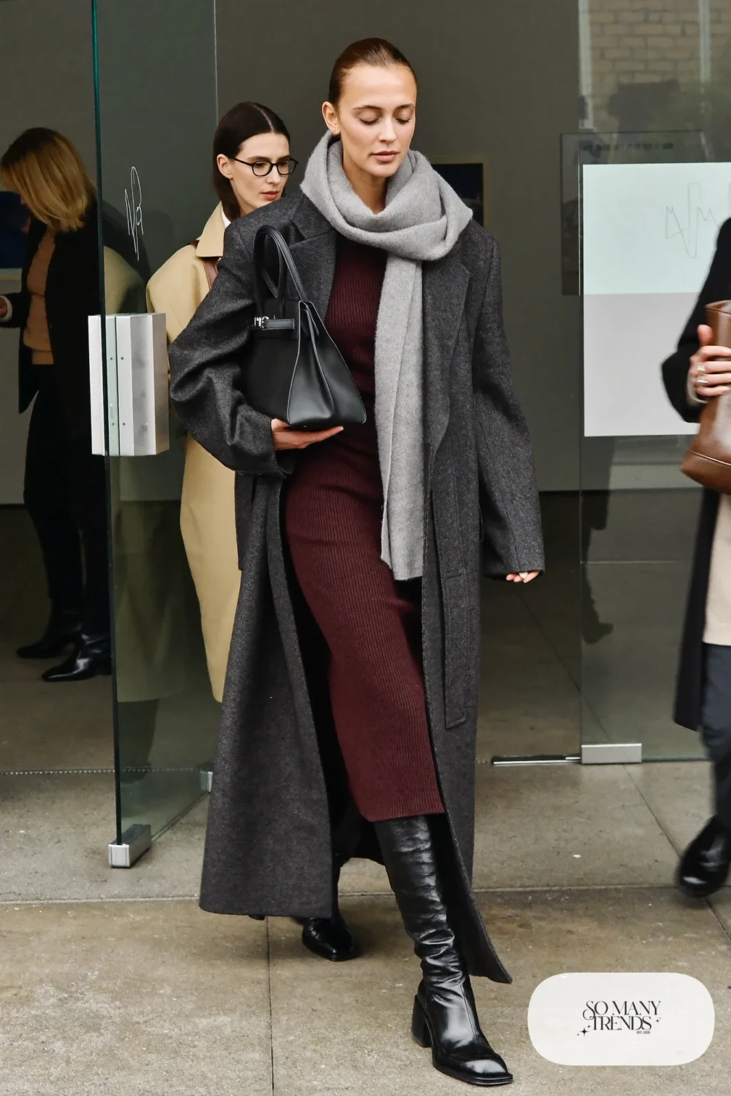 burgundy ribbed knit midi dress long charcoal belted coat black knee-high boots structured bag outfit 3