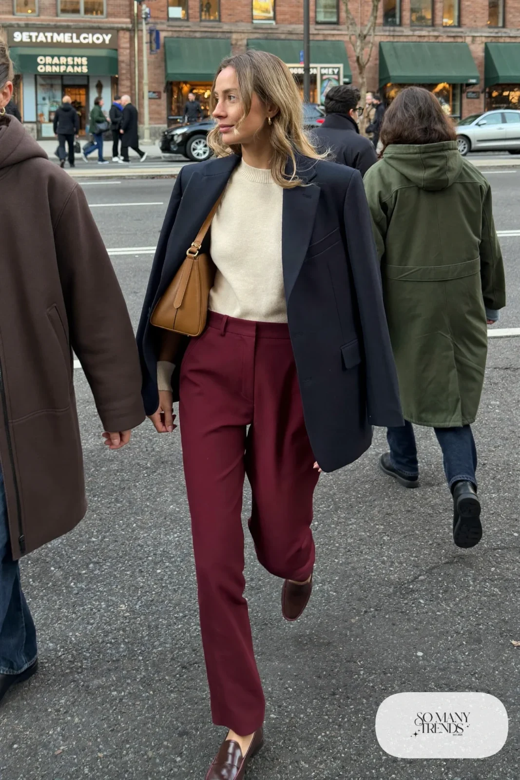 burgundy straight-leg pants cream chunky sweater navy longline blazer brown loafers leather shoulder bag outfit 4
