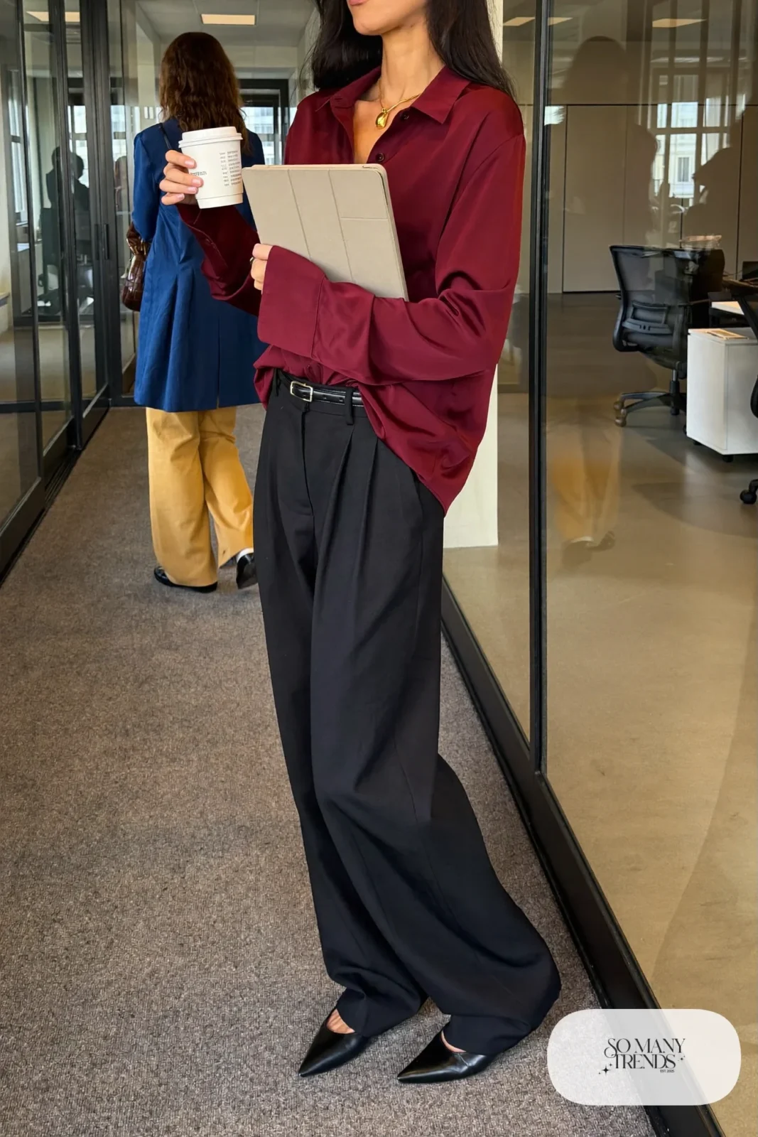 wine satin blouse half-tucked black wide-leg wool pants pointed flats thin belt pendant necklace outfit 5