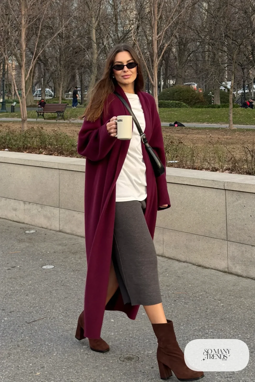 long burgundy wool cardigan gray ribbed midi skirt white tee brown suede ankle boots crossbody bag outfit 6